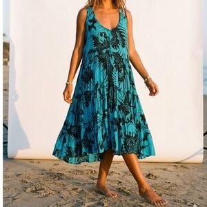 San Lorenzo-Ibiza Luna May Turquoise Black Batik Tiered Dress Beach Cover-up